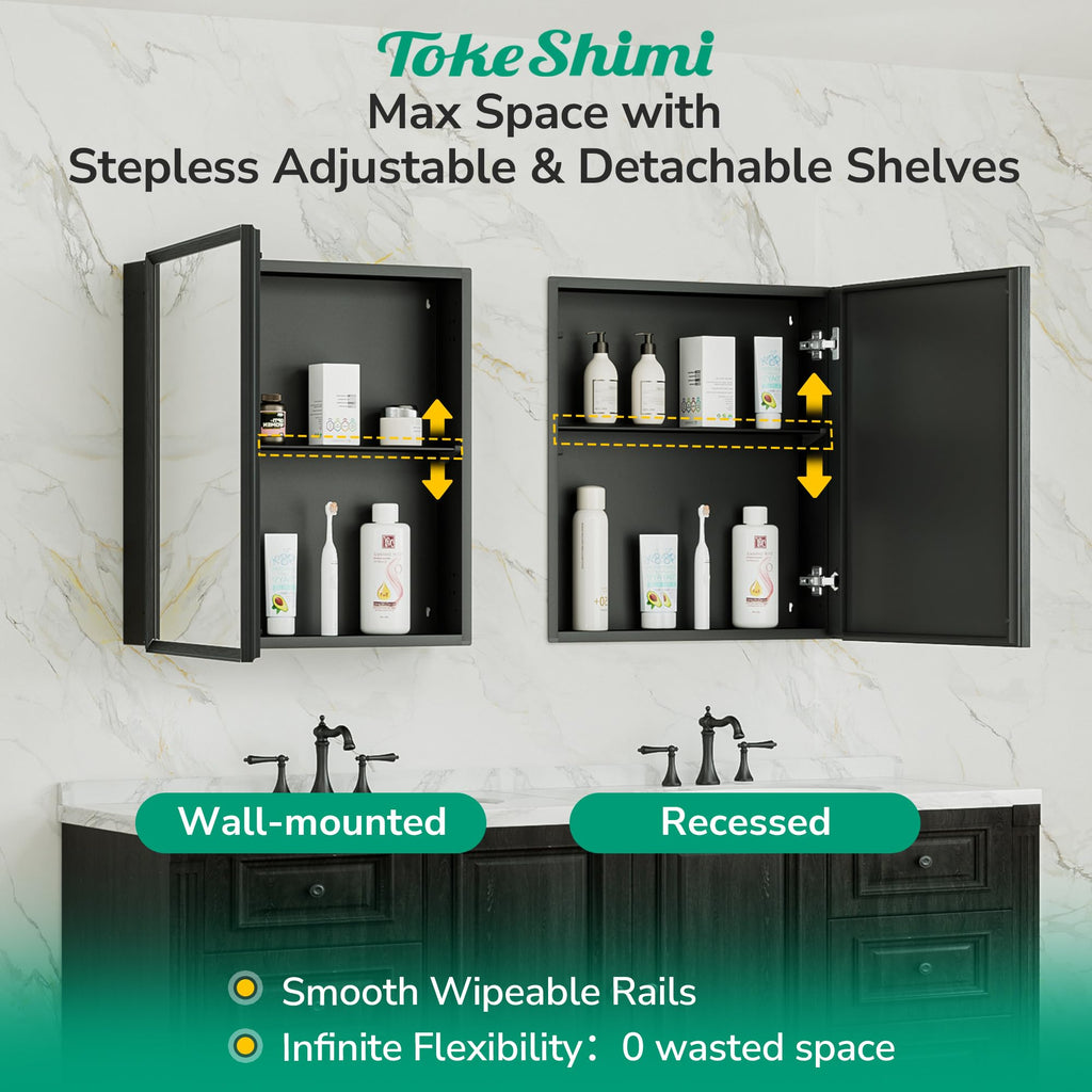 TokeShimi 14x18 Bathroom Medicine Cabinet with Mirror, Assembly Required, Black Recessed Medicine Cabinet, 1 Stepless Adjustable Shelves, Beveled Aluminum Frame, Tempered Glass