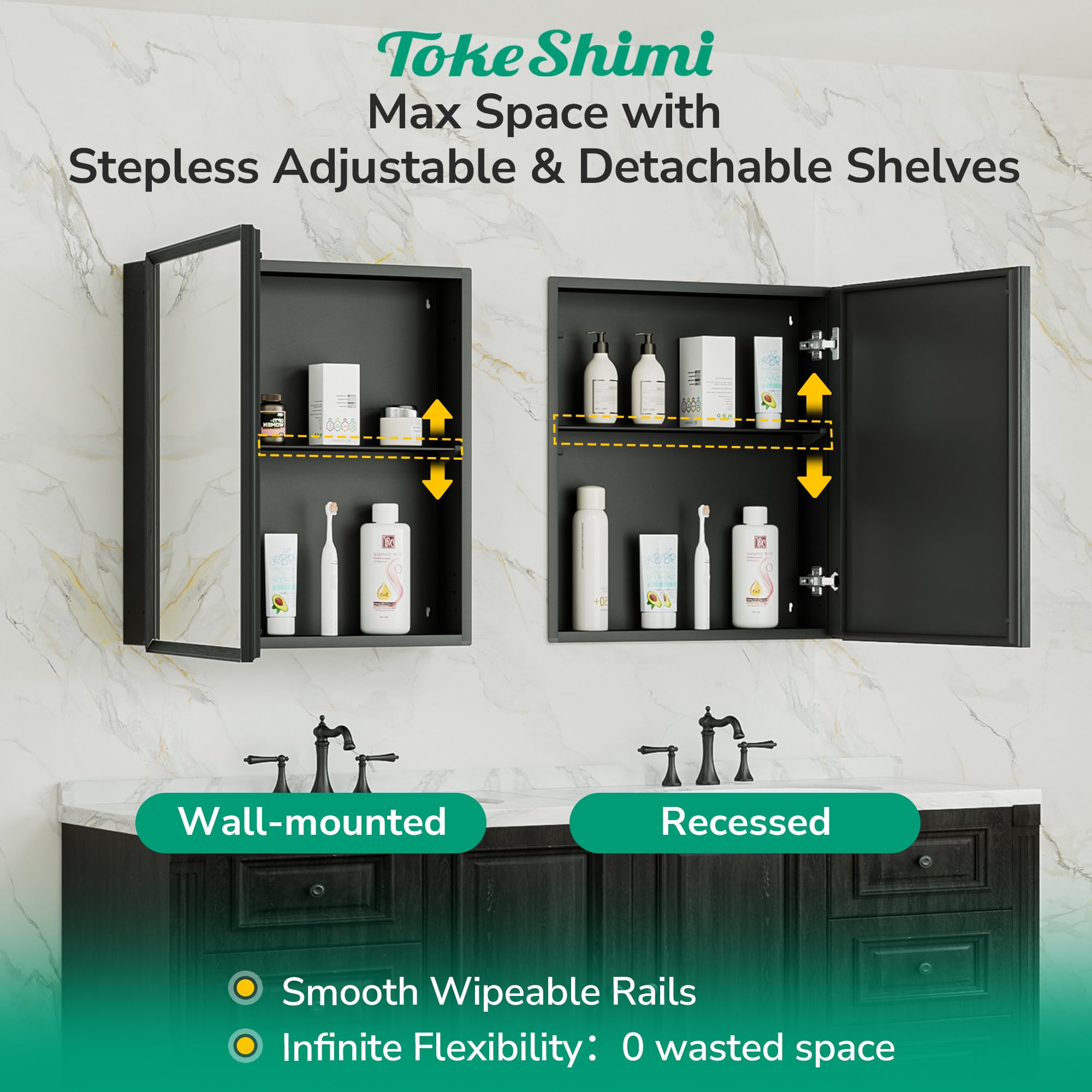 TokeShimi 14x18 Bathroom Medicine Cabinet with Mirror, Assembly Required, Black Recessed Medicine Cabinet, 1 Stepless Adjustable Shelves, Beveled Aluminum Frame, Tempered Glass