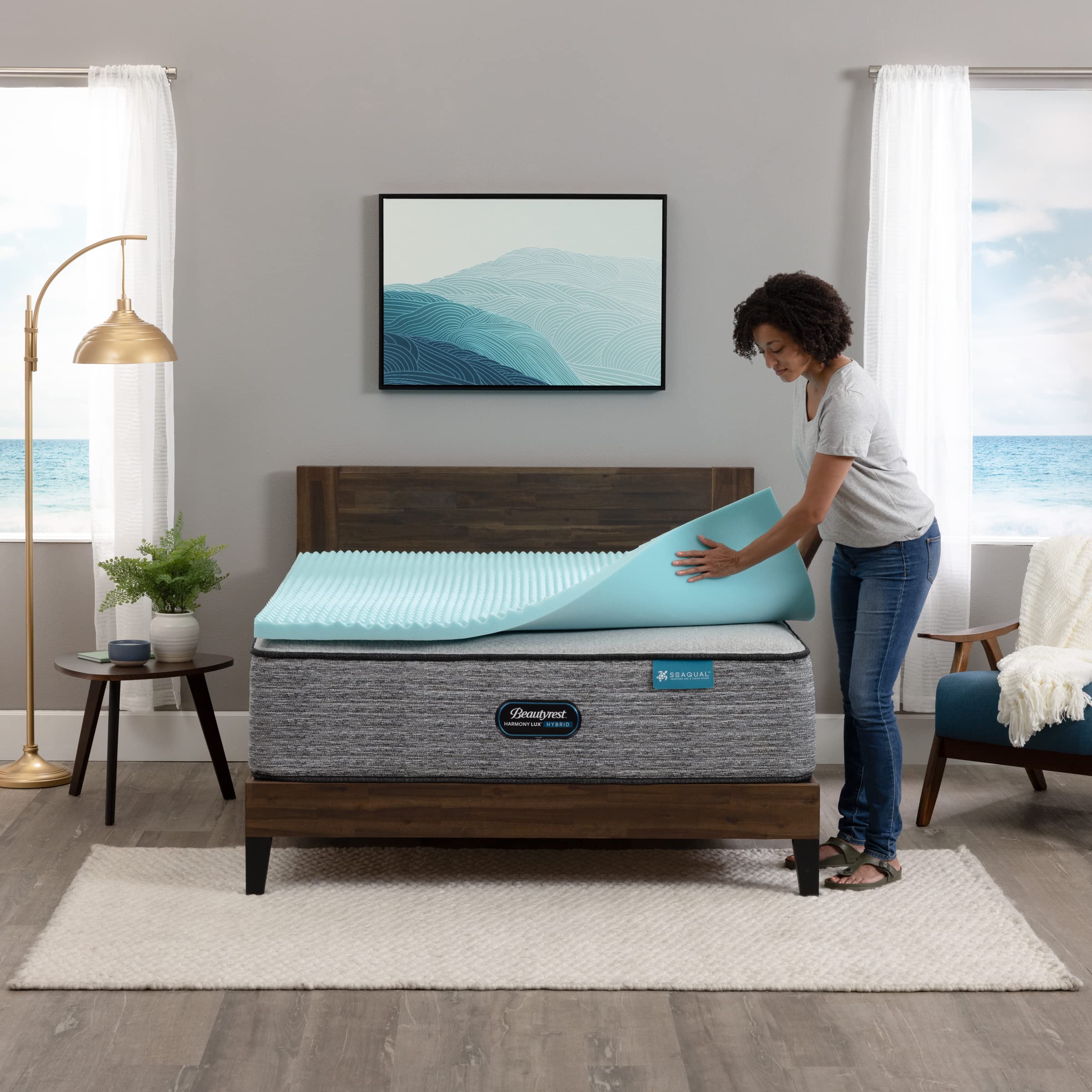 Beautyrest Cool Wave Convoluted Pressure-Relieving Memory Foam Mattress Topper, Queen, 2-Inch Blue