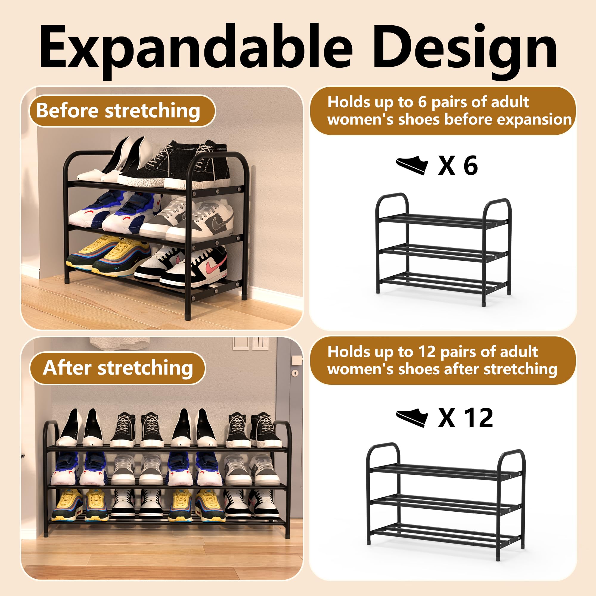 Flurose 3-Tier Expandable Shoe Rack, Adjustable Width Shoe Organizer for Closet & Entryway, Extendable Metal Shoe Rack for Inside Closet, Space-Saving Shoe Storage Shelf Stand – Black