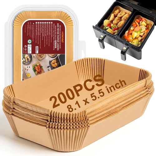 HONYAO Air Fryer Paper Liners for Dual Zone Airfryer, 200pcs Rectangle Disposable Inserts for Ninja Foodi DZ201 DZ401 DZ550 other 8-10 qt 2-Basket Air Fryers, Food Grade BPA Free (9'' x 6'' on Top)