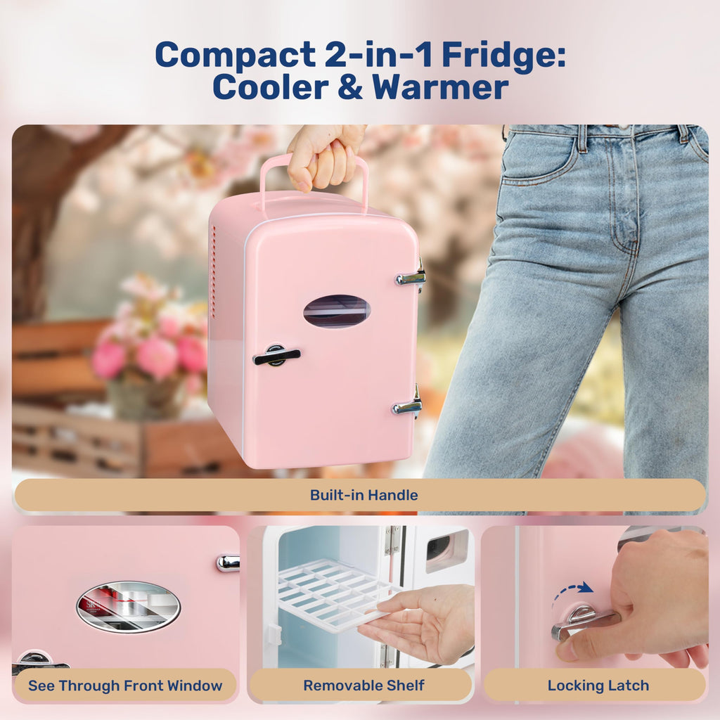 Simple Deluxe 4L/6 Can Mini Fridge with Observation Window, Portable Cooler & Warmer Freon-Free Small Refrigerator, Compact Fridge for Skincare, Beverage, Food, Cosmetics, Pink