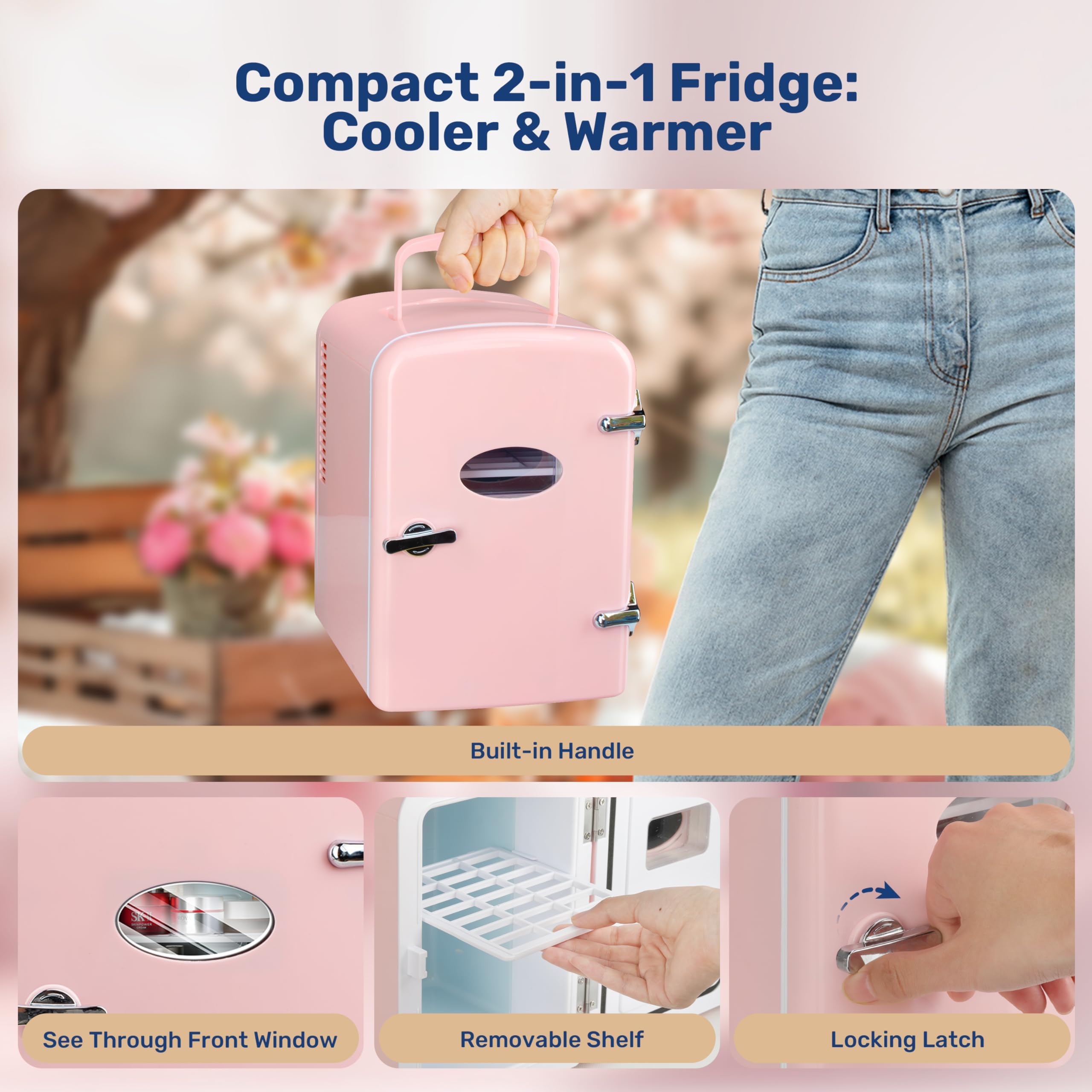 Simple Deluxe 4L/6 Can Mini Fridge with Observation Window, Portable Cooler & Warmer Freon-Free Small Refrigerator, Compact Fridge for Skincare, Beverage, Food, Cosmetics, Pink