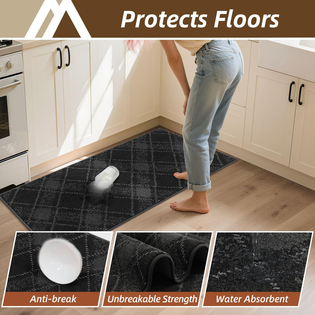 COSY HOMEER Kitchen Rugs and Mats Sets 2PCS Non-Slip Soft Kitchen Mats for Floor Absorbent and Stain Resistant Kitchen Floor Mat Washable Plaid Rugs for Kitchen,20"x32"+20"x48",Dark Grey