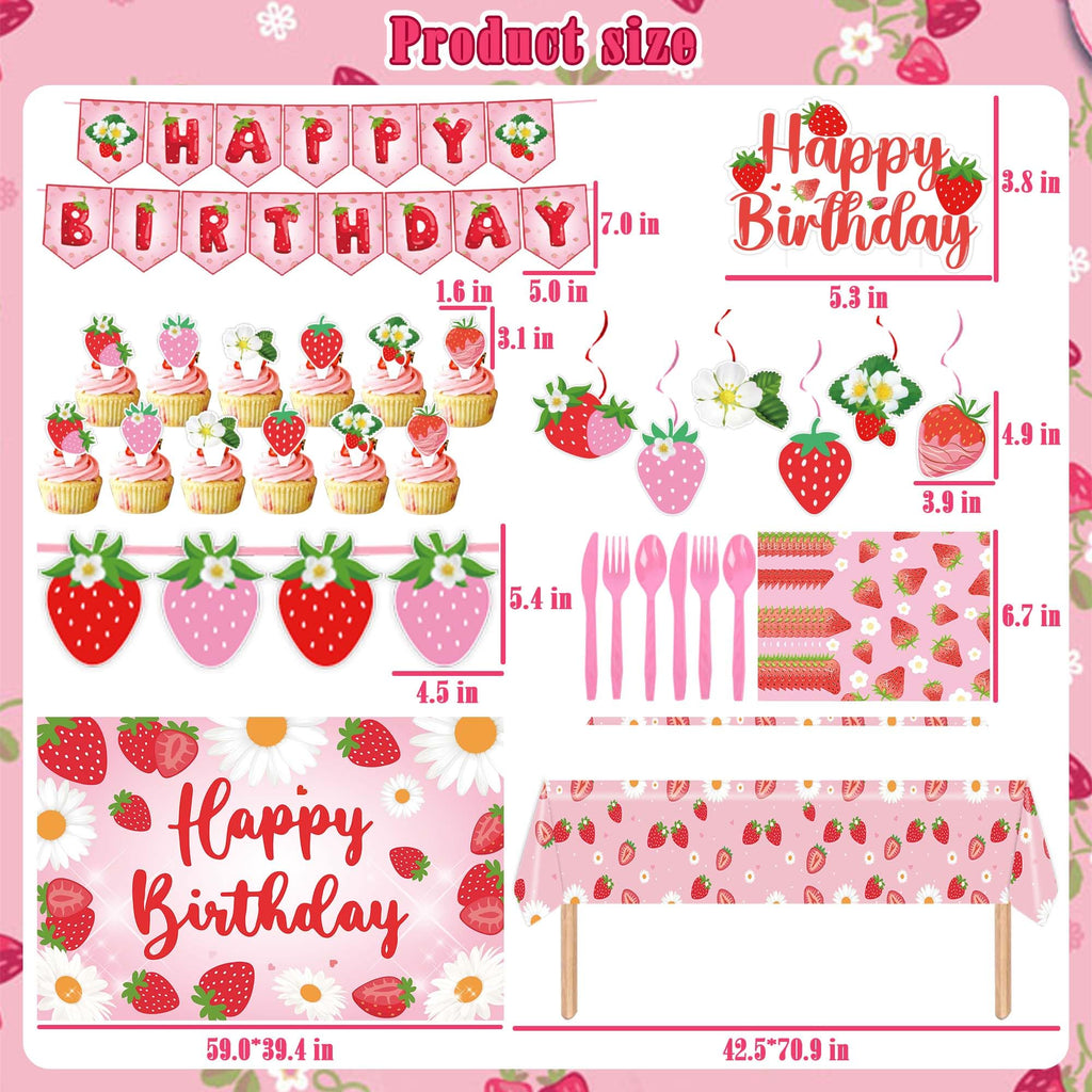 ZOYVUX Strawberry Birthday Decorations, Berry Party Decorations Including Balloon Arch Banner, Tablecloth, Backdrop, Cake Topper, Balloons, Hanging Swirls, Plates, Cups For Strawberry Themed Party