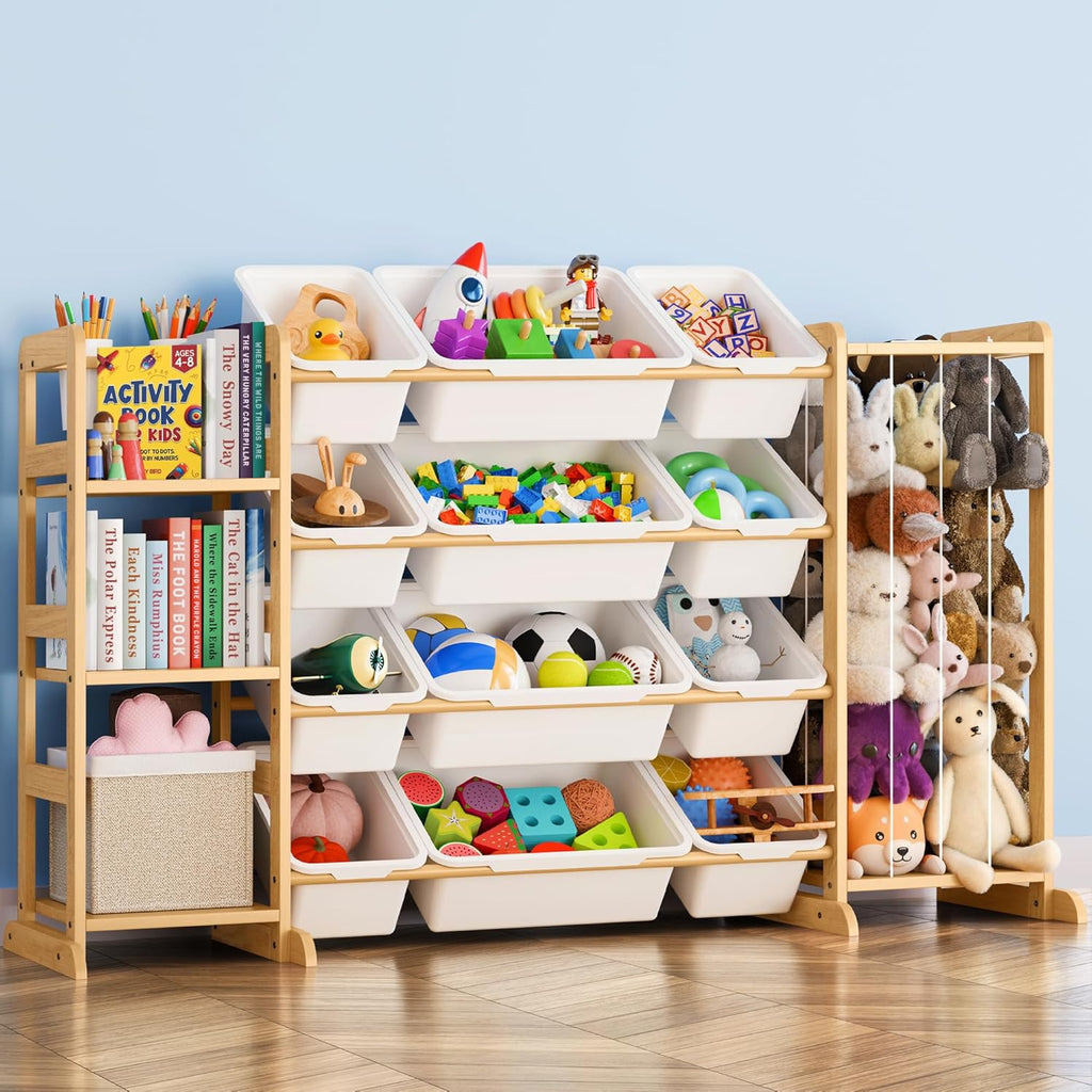 Toy Storage Organizer by [Brand Name] - Kids Playroom Bookshelf with 12 Bins & Stuffed Animal Storage - Essential Nursery Decor