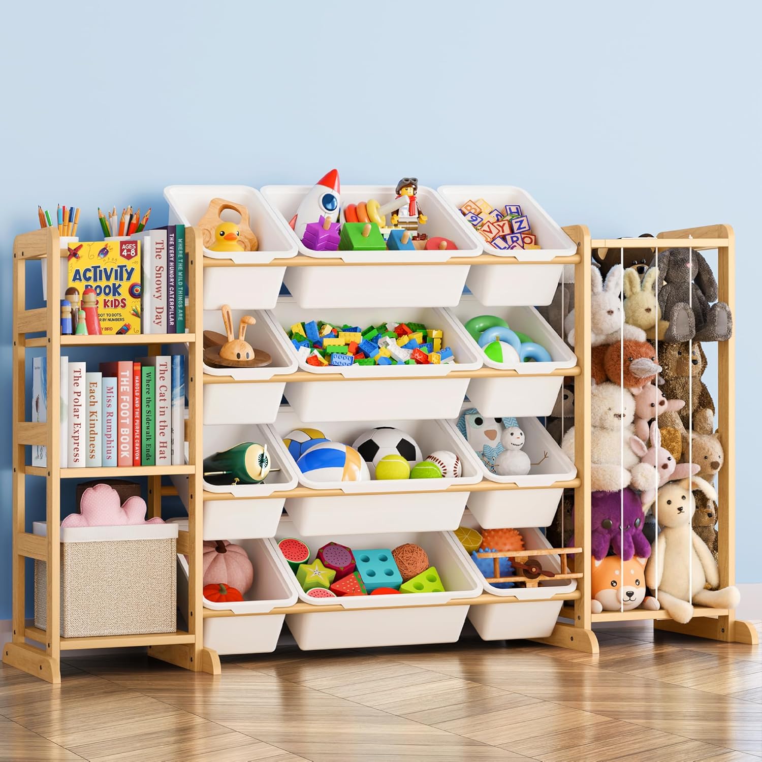 Toy Storage Organizer by [Brand Name] - Kids Playroom Bookshelf with 12 Bins & Stuffed Animal Storage - Essential Nursery Decor