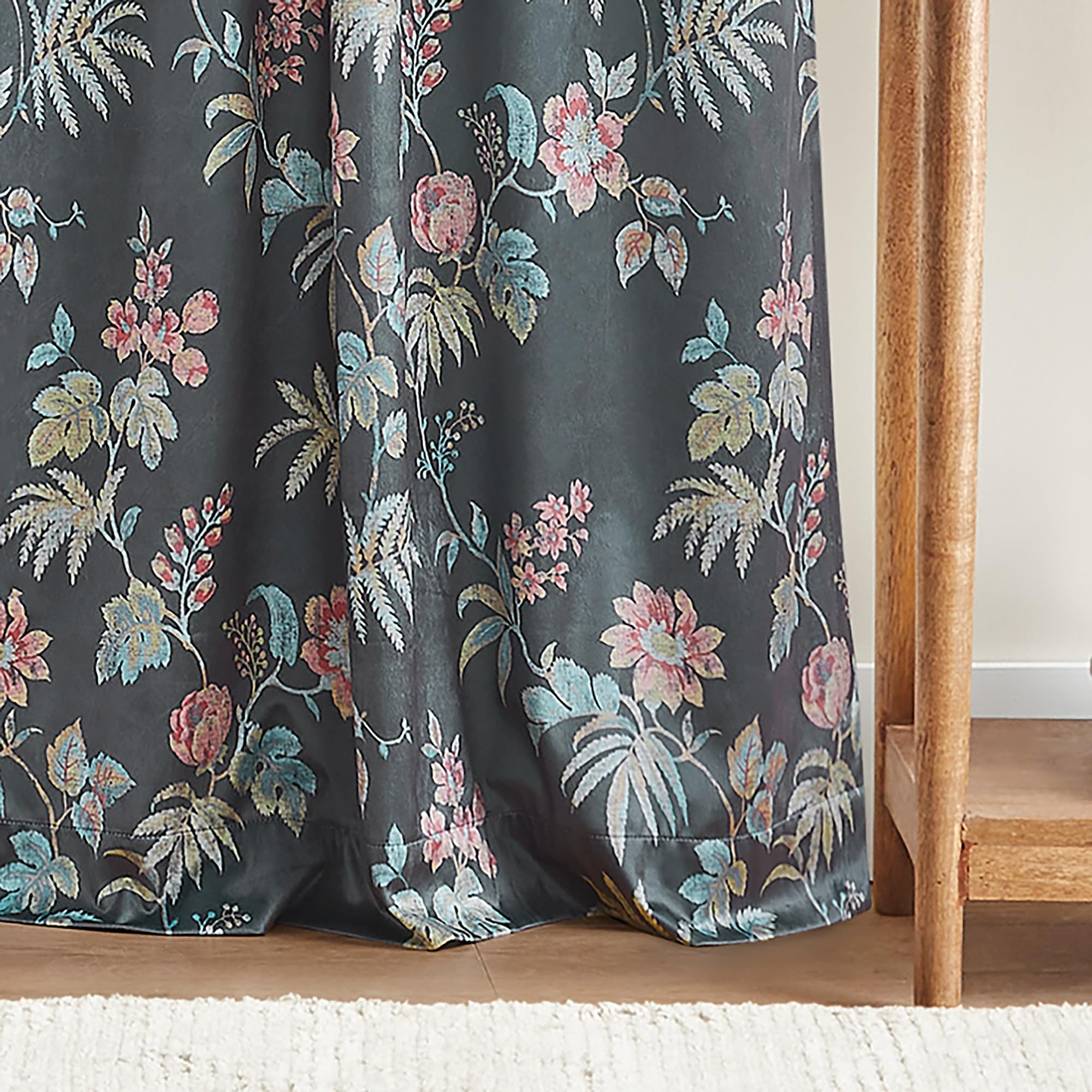 Martha Stewart Floral Curtains Room Darkening Botanical Flower Grey Back Tab Window Curtain Panel Pair, Norah, 95", Charcoal