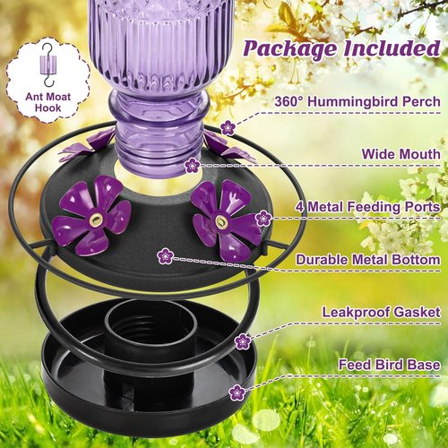 FEED GARDEN Glass Hummingbird Feeder - 16 oz Outdoor Feeder with Bee-Proof Ports & Easy Clean Design, Purple
