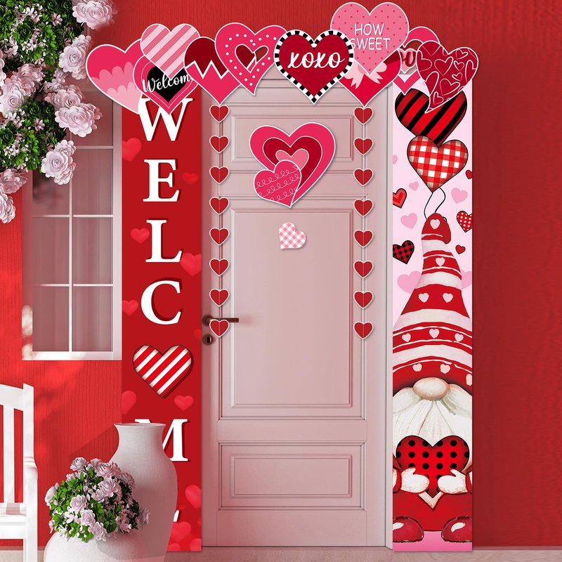 17 Pcs Valentine's Day Door Banner Decorations Set with Hearts Garland Love Heart Cutouts Red Buffalo Plaid Gnome Valentine Porch Welcome Sign for Home School Wall Indoor Outdoor Party Supplies Decor
