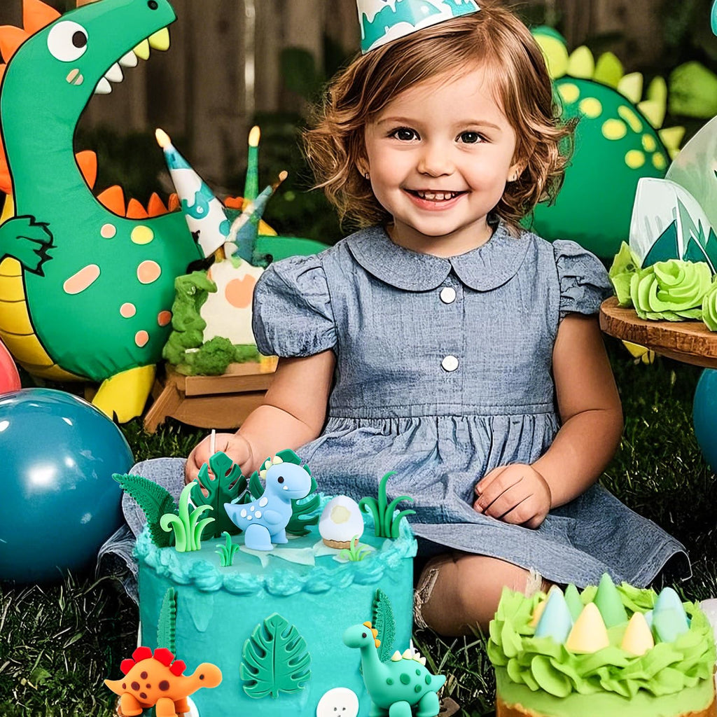 BlingABC 15PCS Cartoon Dinosaur Cake Toppers, Cute Dino Egg Leaves Grass Volcano Cake Decorations for Kids Birthday Baby Shower Dinosaur Animal Theme Party Supplies