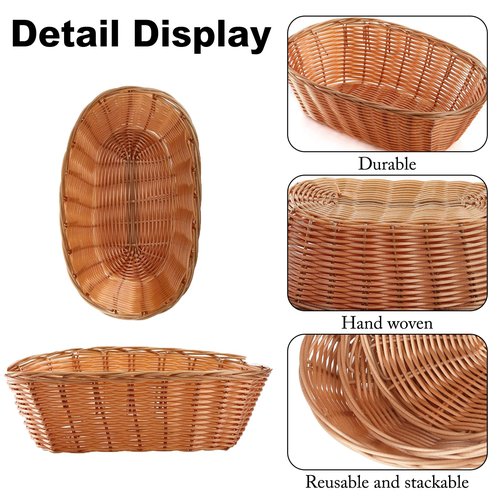 20 Pack Oval Poly Wicker Baskets — 9.1 x 6 x 2.6 Inch Wicker Bread Baskets, Small Size Gift Baskets for Kitchen, Restaurant, Fruit Storage, and Food Display