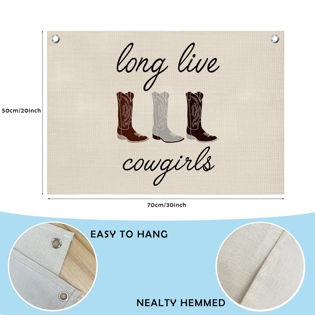 QROZIAR Trendy Long Live Cowgirls Banner Wall Decor, Western Flags for Bedroom Teen Girls, Rustic Country Cowgirl Boots Canvas Banner Wall Hanging Banner, Girly Wall Flags for Kids Room Playroom College Dorm Decor