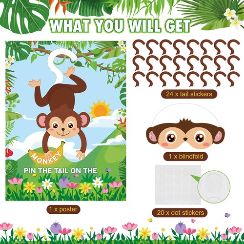 Faccito Jungle Animal Games Pin The Tail on The Monkey Safari Animal Birthday Party Games with Monkey Poster 24 Pcs Tail Stickers and Blindfold for Safari Jungle Zoo Forest Party Decorations Supplies