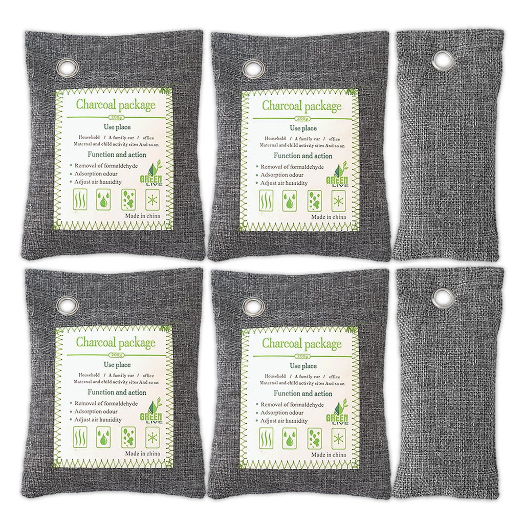 Activated Charcoal Odor Absorber (4x200g Large + 2x75g Small), Bamboo Charcoal Air Purifying Bag, Odor Deodorizer and Eliminator for Cars, Refrigerators, Shoes, Pets, Closets, and More.