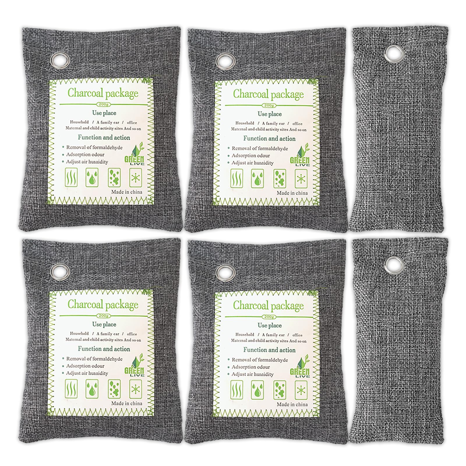 Activated Charcoal Odor Absorber (4x200g Large + 2x75g Small), Bamboo Charcoal Air Purifying Bag, Odor Deodorizer and Eliminator for Cars, Refrigerators, Shoes, Pets, Closets, and More.