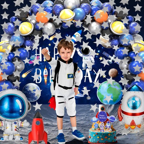 96pcs Outer Space Astronaut Party Decorations - Galaxy Themed Party Supplies ：Happy Birthday Backdrop, Tablecloth, Star Garland,Multi-color Balloons and Rocket ，astronaut Balloons.