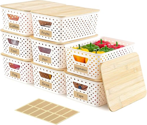 8 Pack Plastic Storage Bins by [Brand Name] - Stackable Baskets with Bamboo Lids for Pantry Organization