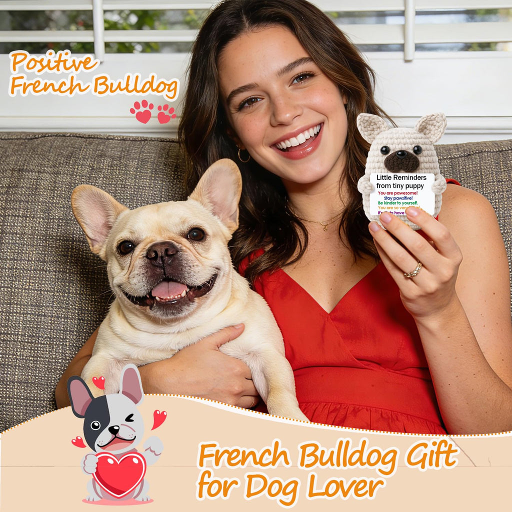 Mini Crochet French Bulldog Gifts for Teacher Appreciation Graduation,Emotional Support Stress Relief Crochet French Bulldog Gift for Dog Mom Dad Friends Nurses,Handmade Positive Frenchie Desk Decor
