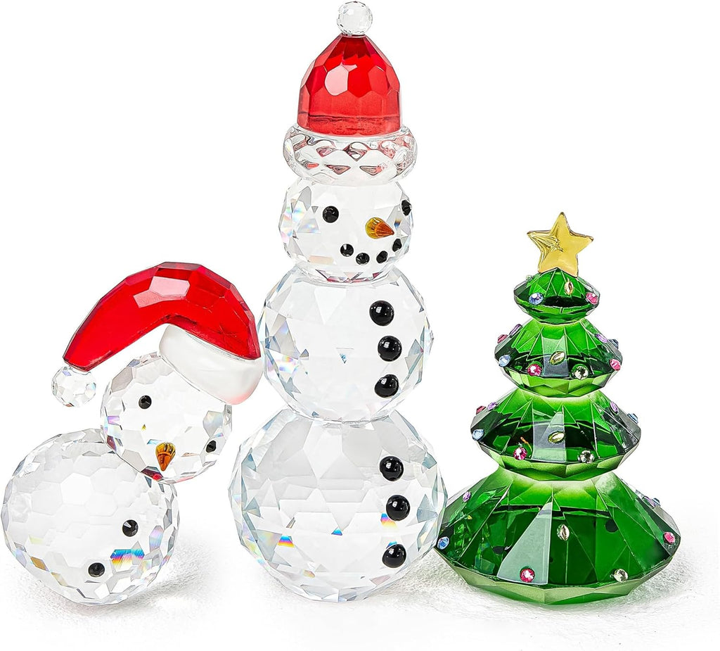 QFkris Crystal Snowman & Tree Figurines Set - Elegant Christmas Decor | Small Glass Paperweights