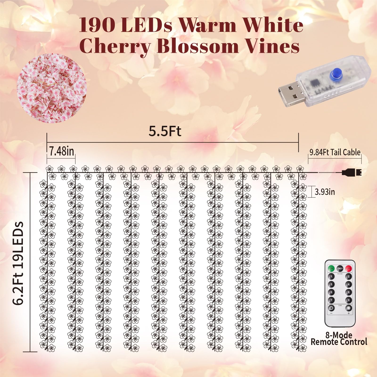 Lfasww Artificial Cherry Blossom Lights，190 LED 5.5ft x 6.2ft Warm White Curtain String Lights with Remote and Timer, 8 Modes, USB Powered for Room Wall Party Xmas Decor