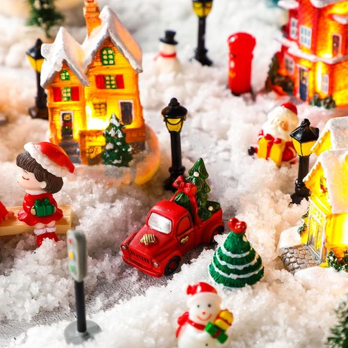 Kasyat Christmas Village Set - 58 Pcs Miniature Figurines & LED Houses for Winter Decor