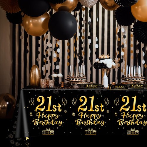 41Pcs Black and Gold 21st Birthday Decorations Disposable Tableware Set: Plates, Napkins, and Tablecloth 21st Birthday Party Supplies for Men Women Serves 20 Guests