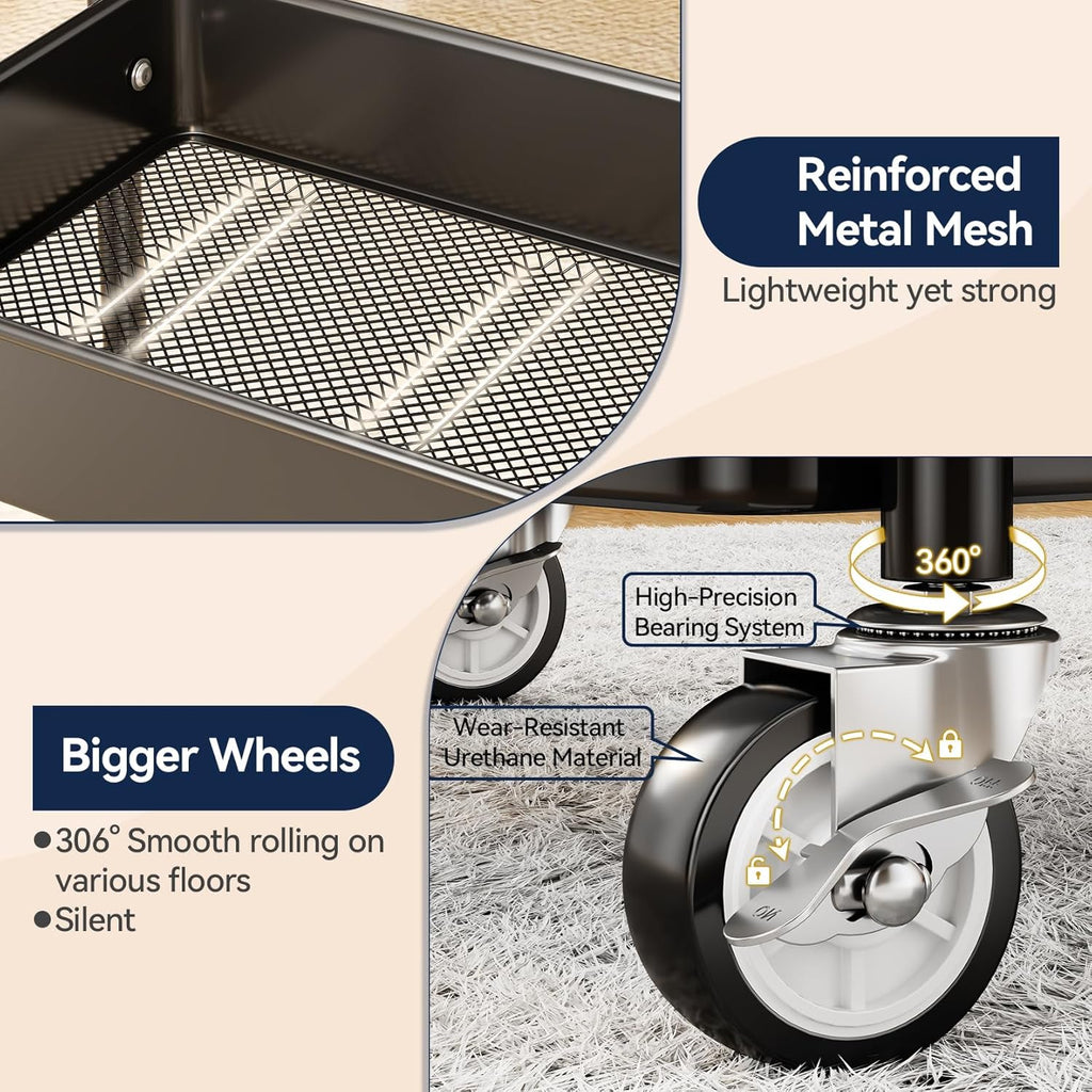 YASONIC 3-Tier Rolling Cart - Heavy-Duty Metal Utility Cart with Wheels & Hooks | Versatile Storage for Kitchen & Office