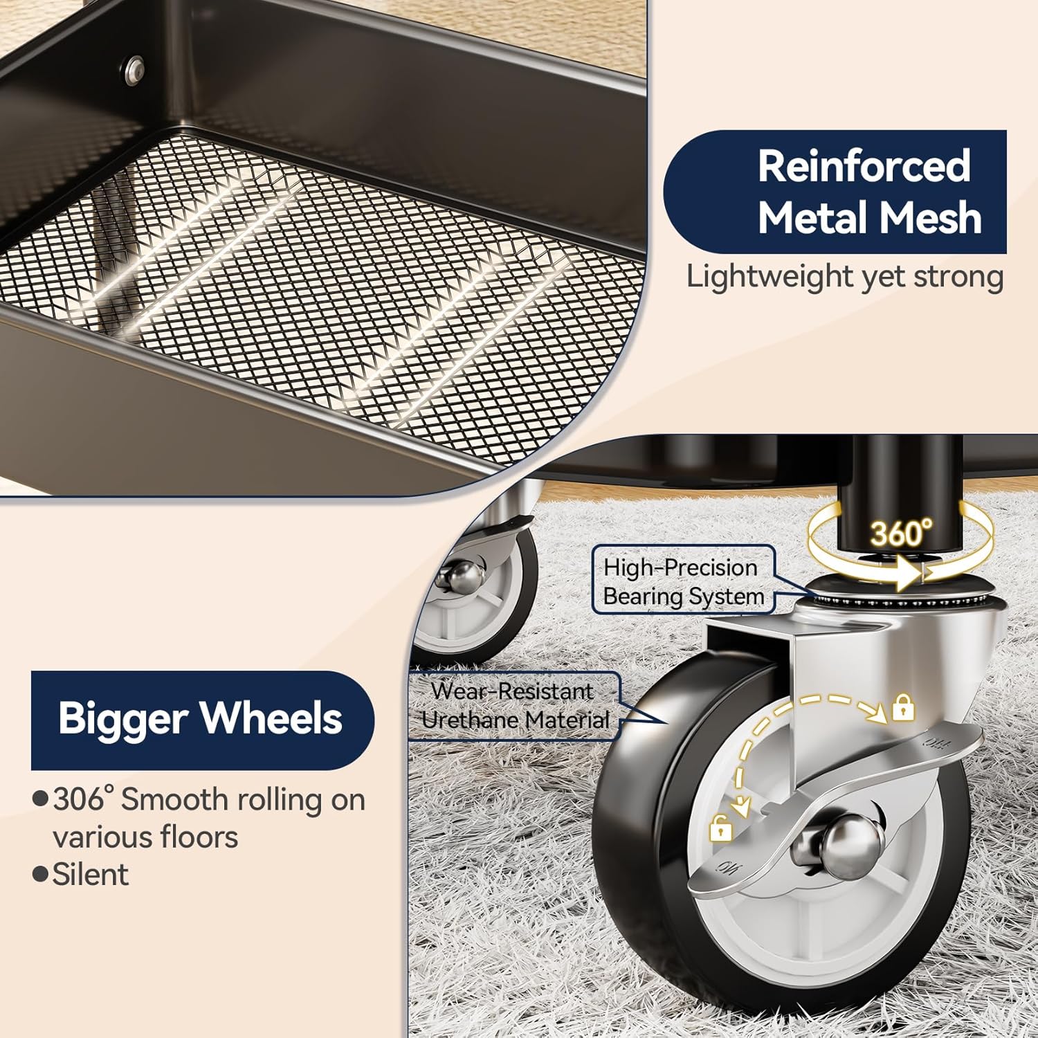 YASONIC 3-Tier Rolling Cart - Heavy-Duty Metal Utility Cart with Wheels & Hooks | Versatile Storage for Kitchen & Office