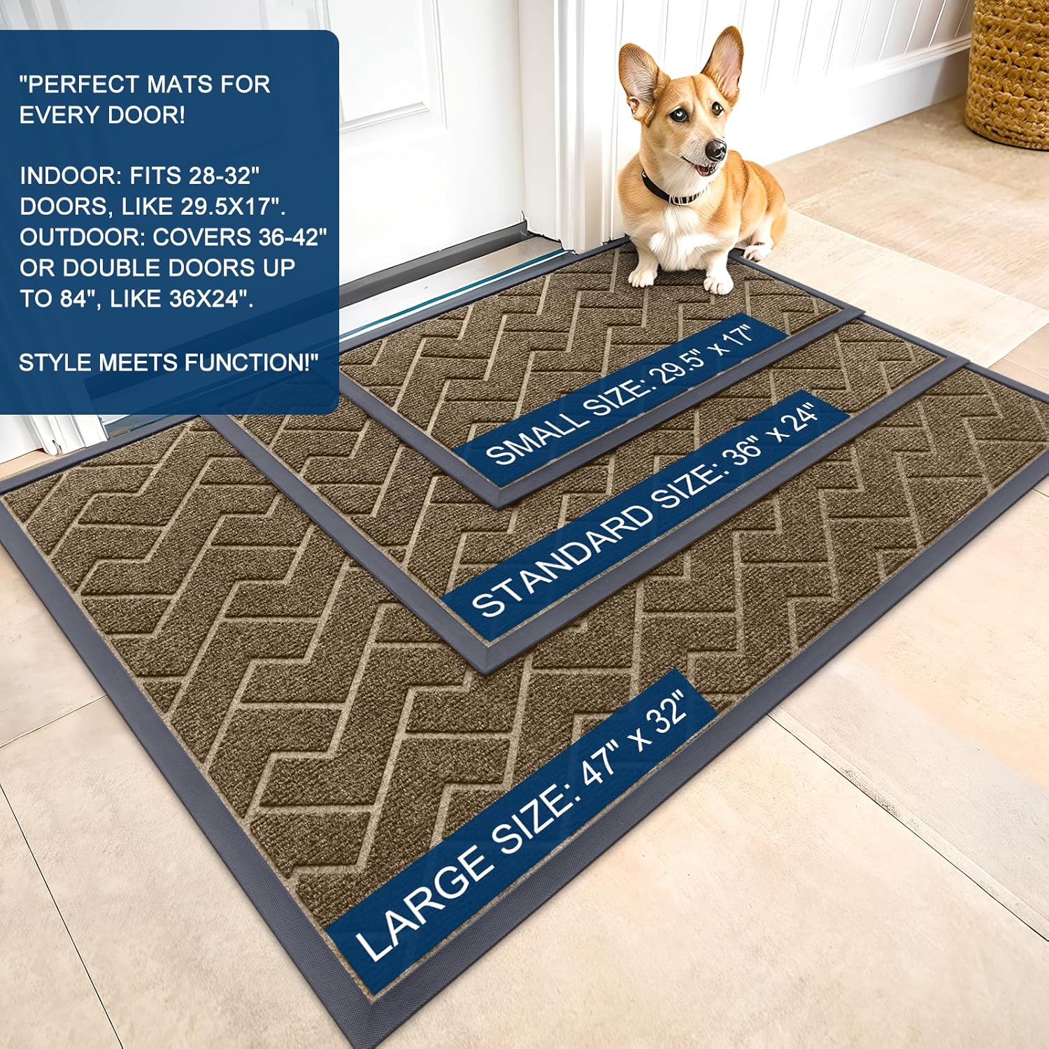 OLANLY Waterproof Front Door Mat - All-Season Indoor/Outdoor Doormat, Easy Clean Herringbone Design (Brown, 36x24)