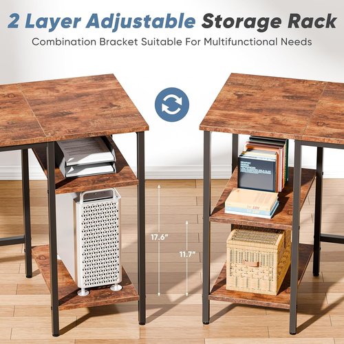DUMOS L-Shaped Gaming Desk - 62 Inch with Charging Station & Dual Monitor Stands | Brown Corner Desk for Home Office