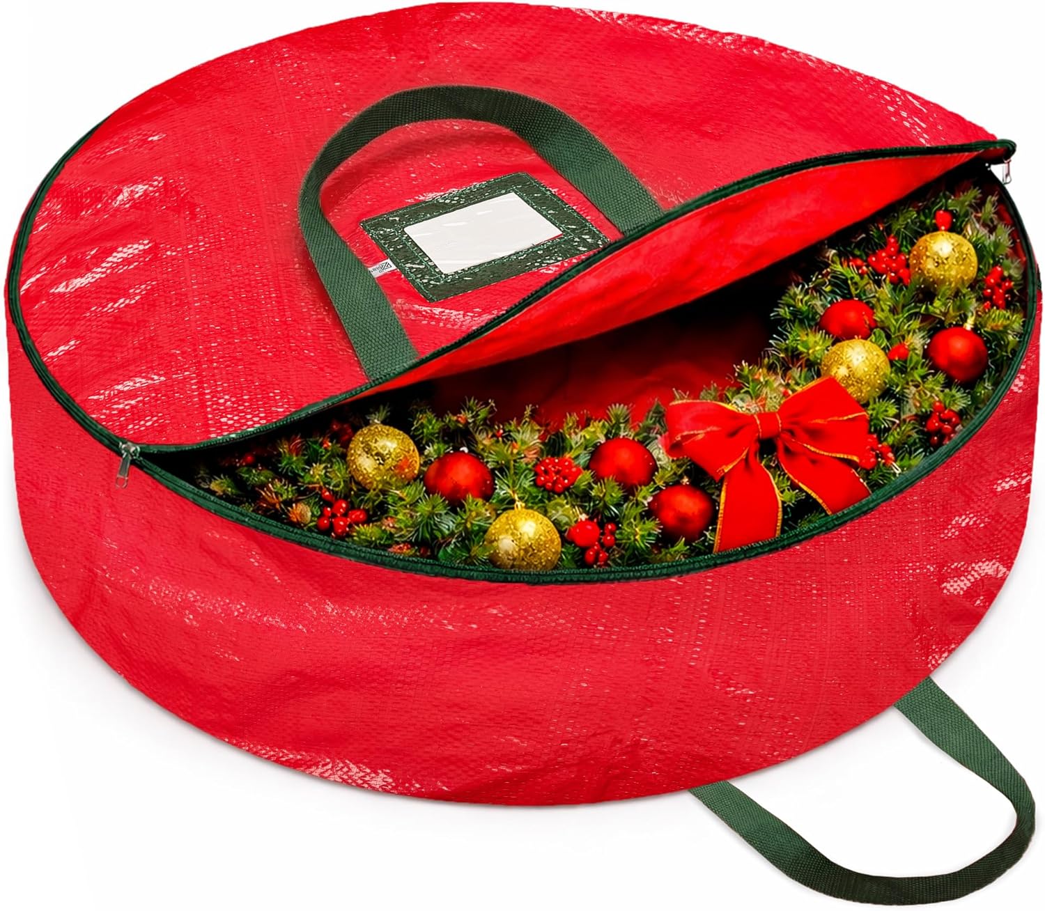 ZOBER Wreath Storage Bag - 36 Inch Christmas Wreath Container with Dual Zippers & Durable Handles - Red
