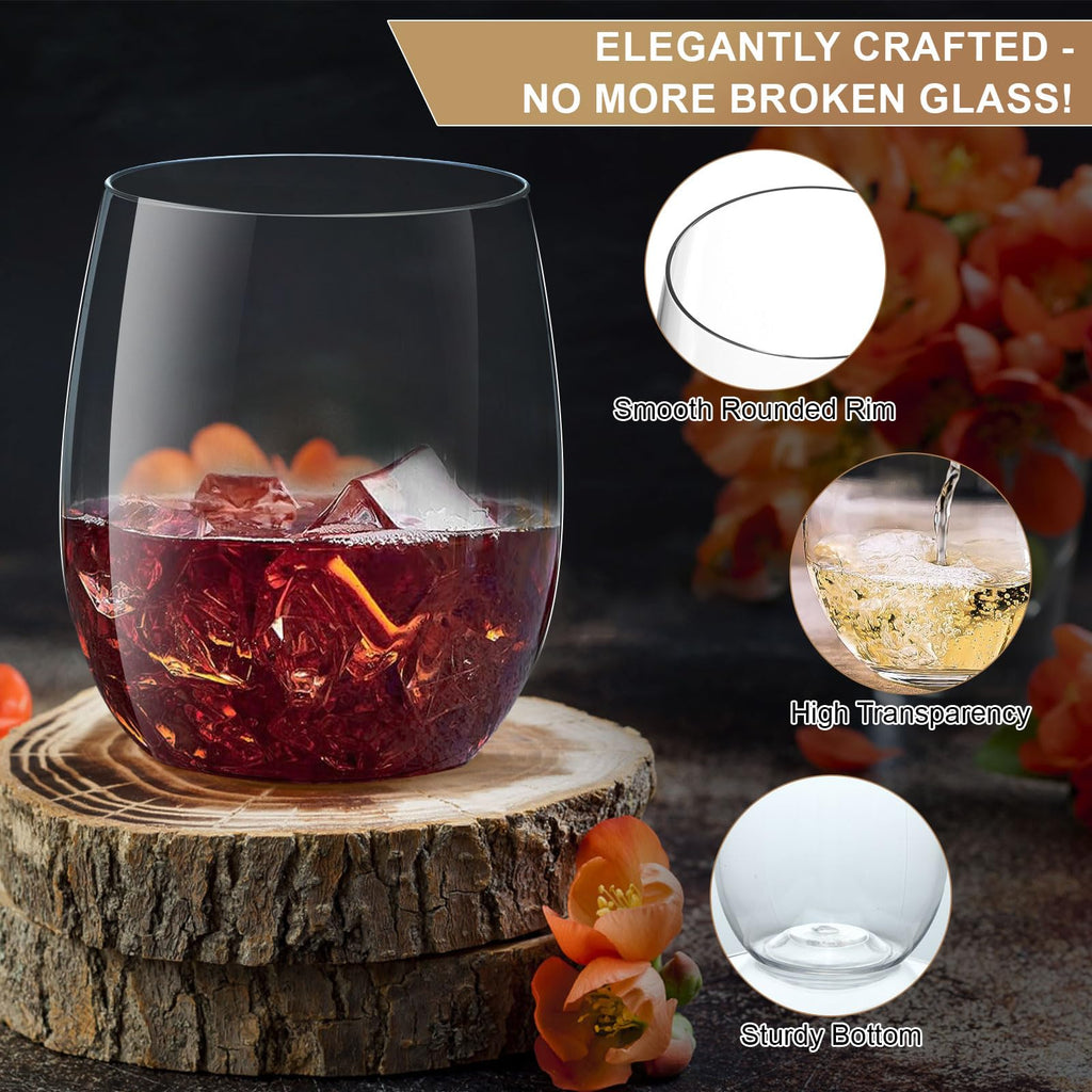 OTOB 40 Pack Reusable Stemless Plastic Wine Glasses, 12 OZ Unbreakable Champagne Whiskey Glass, Round Clear Disposable Cocktail Glasses Wine Cups BPA-Free, Ideal for Home Office Bar Party Wedding