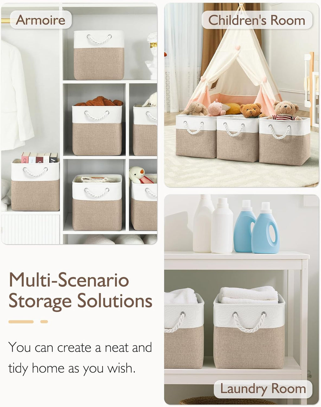 Patvingot 11-Inch Cube Storage Bins - 4 Pack Fabric Organizer Baskets with Rope Handles | White & Khaki