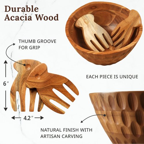 Culina Craftique Wooden Salad Bowl set - with Serving Utensils — 11" Large Acacia Wood Bowls For Food, Fruit | Mixing Pasta — Easy To Clean — For Hosting, Kitchen Decor, Gifts — With Placemat