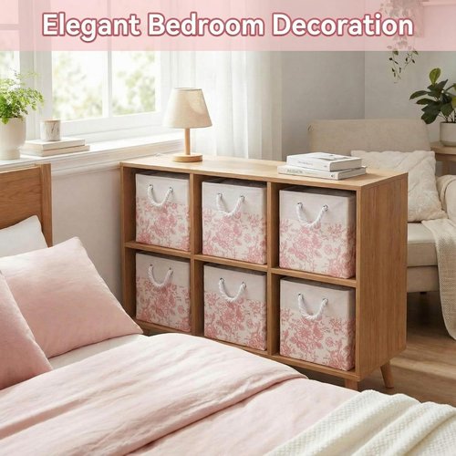 LemonRoad Pink Floral Cube Storage Bins - 6 Pcs Collapsible 11.22 Inch Organizers for Home & Office