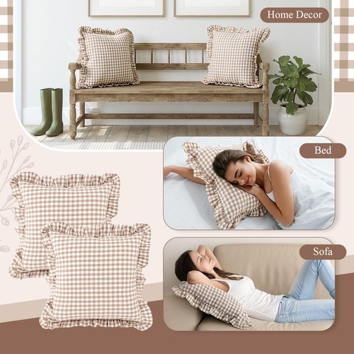 Kathfly 2 Pcs Taupe/White Plaid Ruffle Throw Pillow Covers Farmhouse Checkered 20'' x 20'' Washed Cotton Pillowcases Couch Gingham Pillow Shams for Living Room Bed, No Inserts