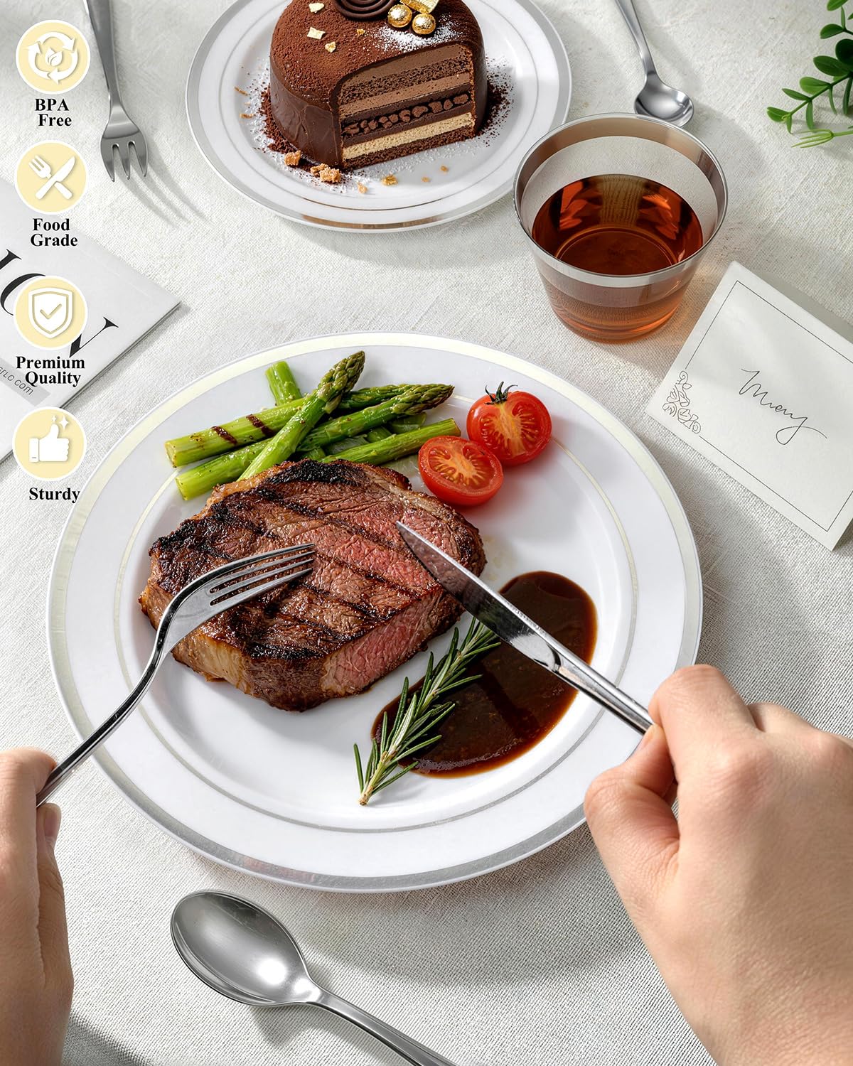Goodluck 400PCS Elegant Silver Disposable Plastic Dinnerware Set for 40 Guests, Include: 80 Plates, 40 Place Cards, 40 Cups, 80 Spoons, 80 Forks, 40 Knives, 40 Napkins for Weddings/Parties/Graduation