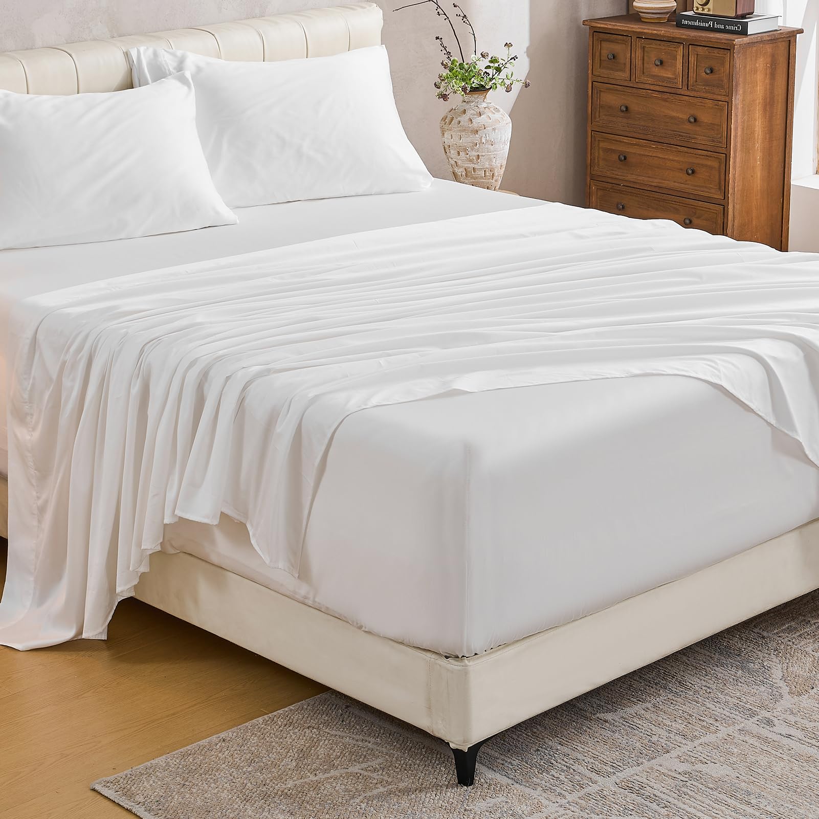 MEISHANG Extra Deep Pocket Cotton Sheets Queen Size - 100% Egyptian Cotton 1000 Thread Count - Fits 18"-24" in Deep Mattress,Oeko-Tex Certified, Soft & Breathable - 4 Piece (Queen, Whtie)