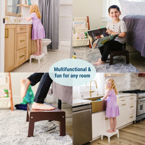 Wildkin Wooden Slatted Step Stool for Adults & Kids – Skid-Proof, 14 x 9.5 x 7 in, Durable for Bathroom & Kitchen Use, Holds Up to 150 lbs - Gray