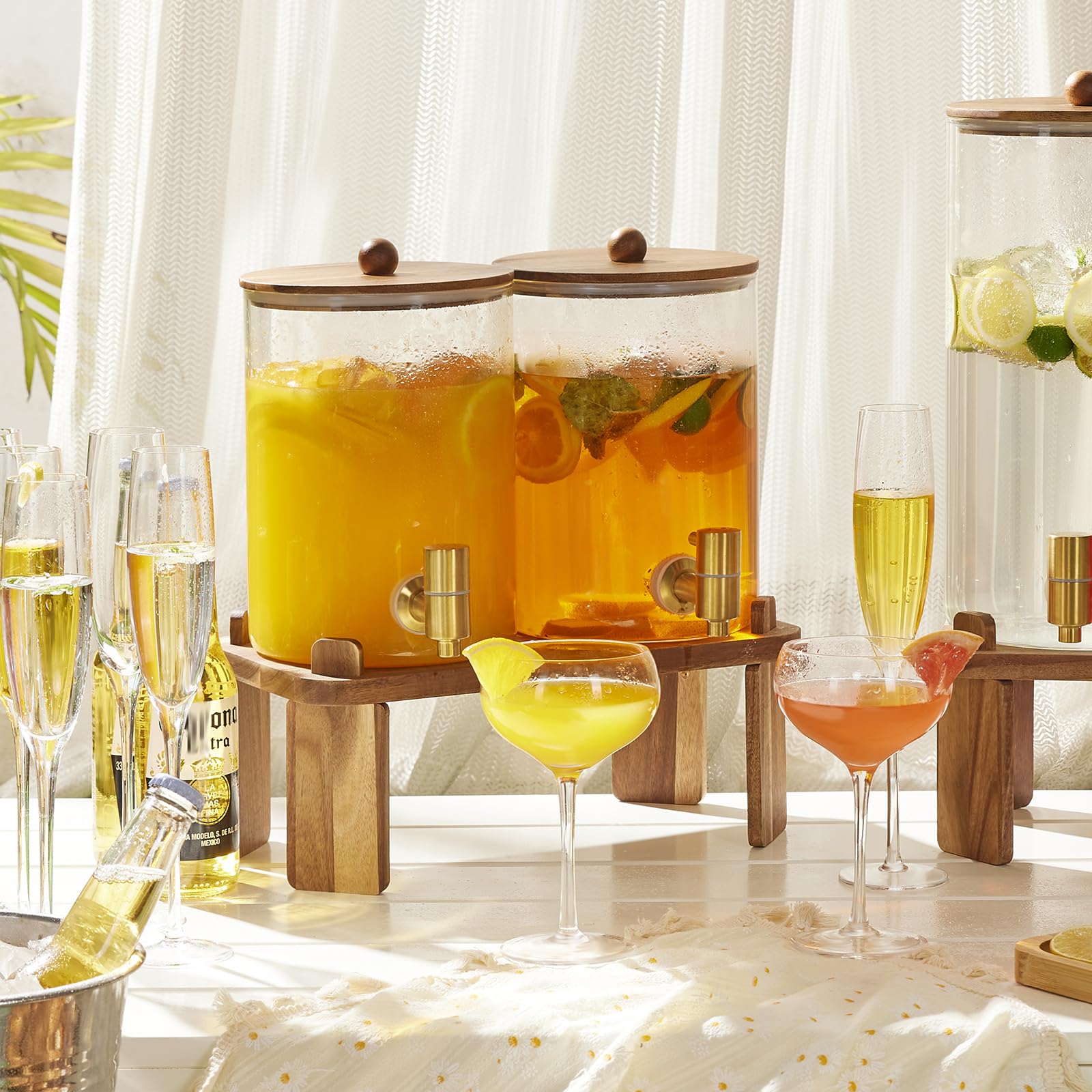 2 PCS 1 Gallon Drink dispenser, Glass Beverage Dispenser With Wood Stand, Large Water Drink Dispensers for Parties With Stainless Steel Spigot, Ideal for Lemonade,Juice, Tea, and Party Drinks