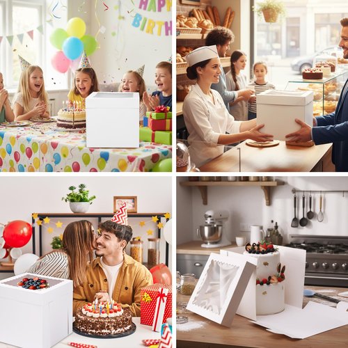 Moretoes 16pcs Cake Boxes, 10x10x10 Inches Tall White Square Bakery Boxes, Cajas Pasteles for Tier Cakes, Take Out Carrier Containers, Valentine's Day, Birthday, Wedding, Party