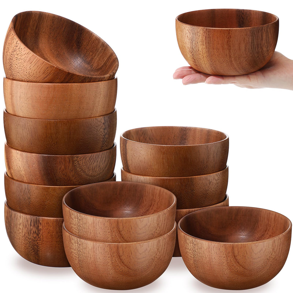 Skylety 5in 8pcs Acacia Wooden Bowls Small Calabash Bowls Round Wood Salad Hand Carved Calabash Dip Tray for Serving Popcorn Pasta Candy Cereal Coconut Nuts Sauce Appetizers Kitchen