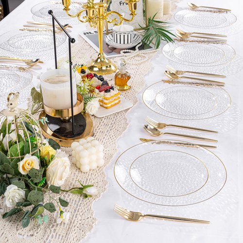 Rubtlamp 100Pcs Clear Gold Plastic Plates, Disposable Plates With Gold Rim, Heavy-duty Party Platos, Hammered Plastic Plates Include 50 Clear Dessert Plates, 50 Dinner Plates for Party
