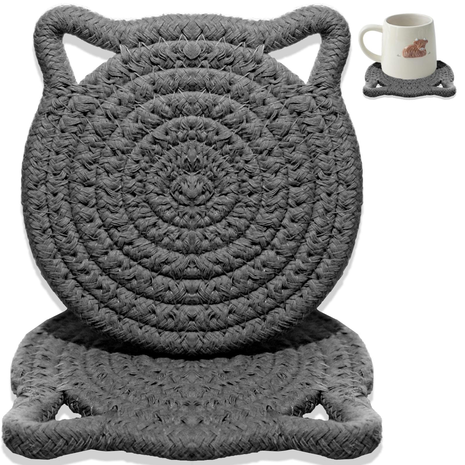 Cute Coasters for Drinks Set of 2, Absorbent Handmade Fabric Drink Coasters for Coffee & Tea -Home Décor Extra Large 4.8 in* 8mm, Protect The Wooden Table Surface (2 Pack-Cat-Ash Gray)