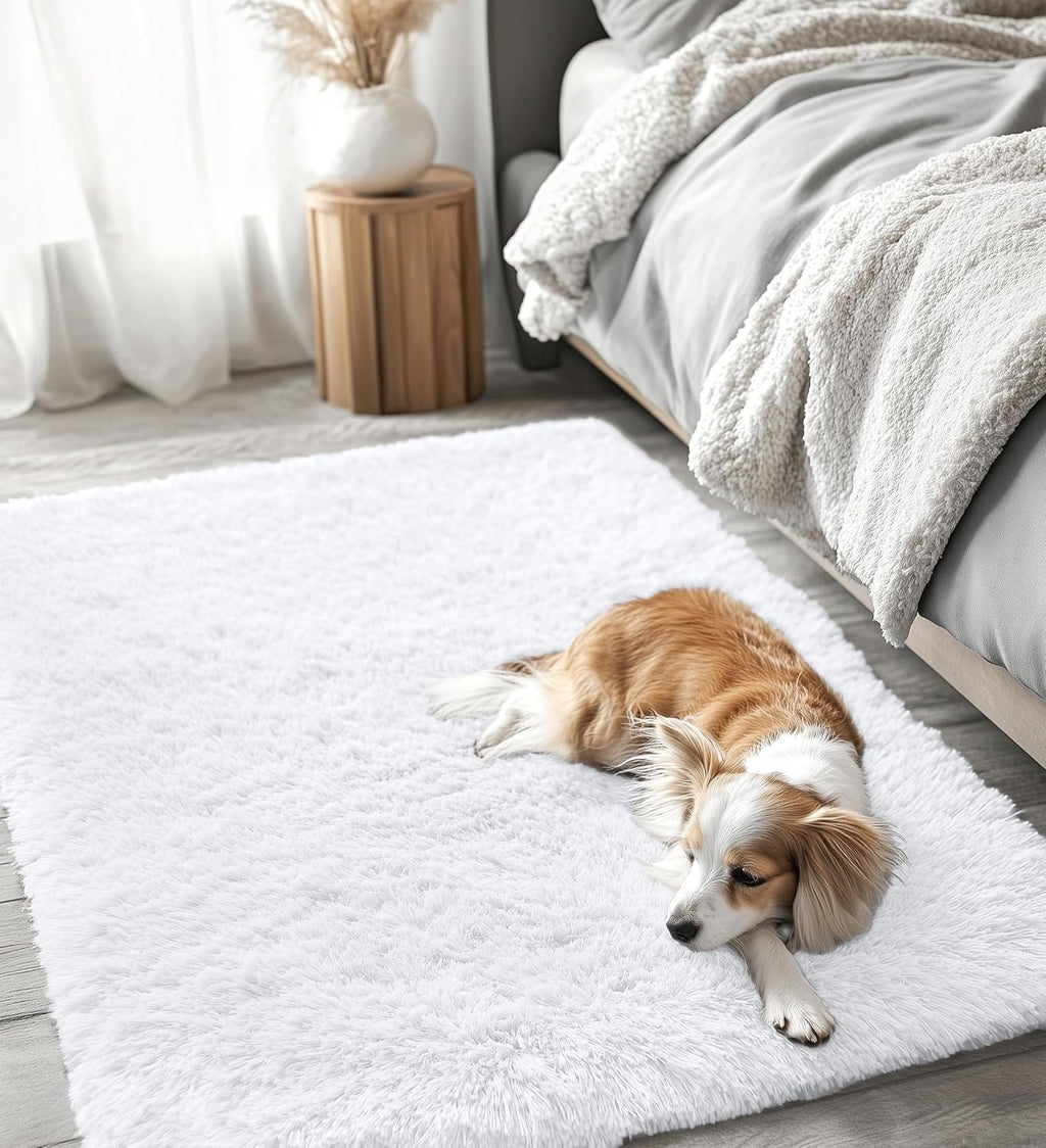 OLANLY Soft Fluffy Shaggy Area Rug - 4x5 Machine Washable Accent Rug for Bedroom & Nursery | White