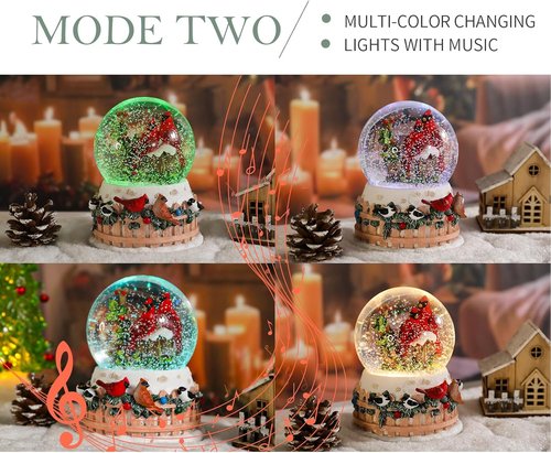 Bdor Christmas Cardinal Snow Globe - LED Lights & Music | 4.53" x 4.53" x 5.51" | Winter Bird Holiday Decor