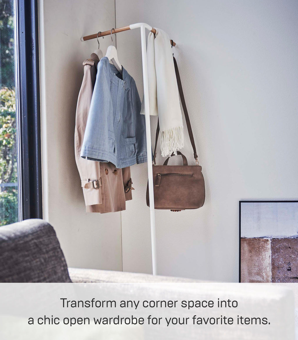 Yamazaki Home Tower Freestanding Corner Coat Rack, Modern Leaning Coat Hanger Stand With Wooden Accent For Bedroom Living Room Or Entryway, 63" - Steel + Wood