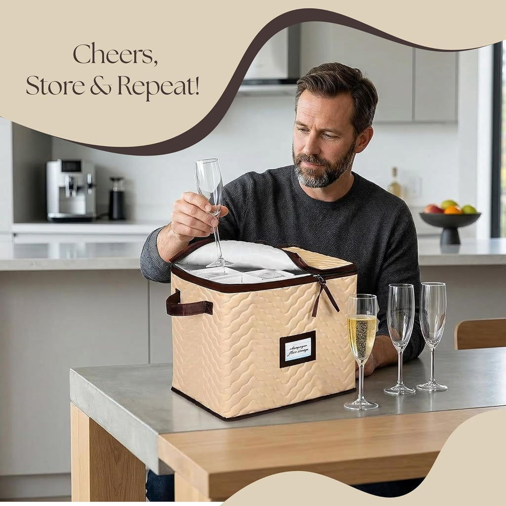 Skiennix Wine Glass Storage Box - Durable Quilted Microfiber Case with Dividers | Protects Stemware (1 Pack, Champagne Flute)