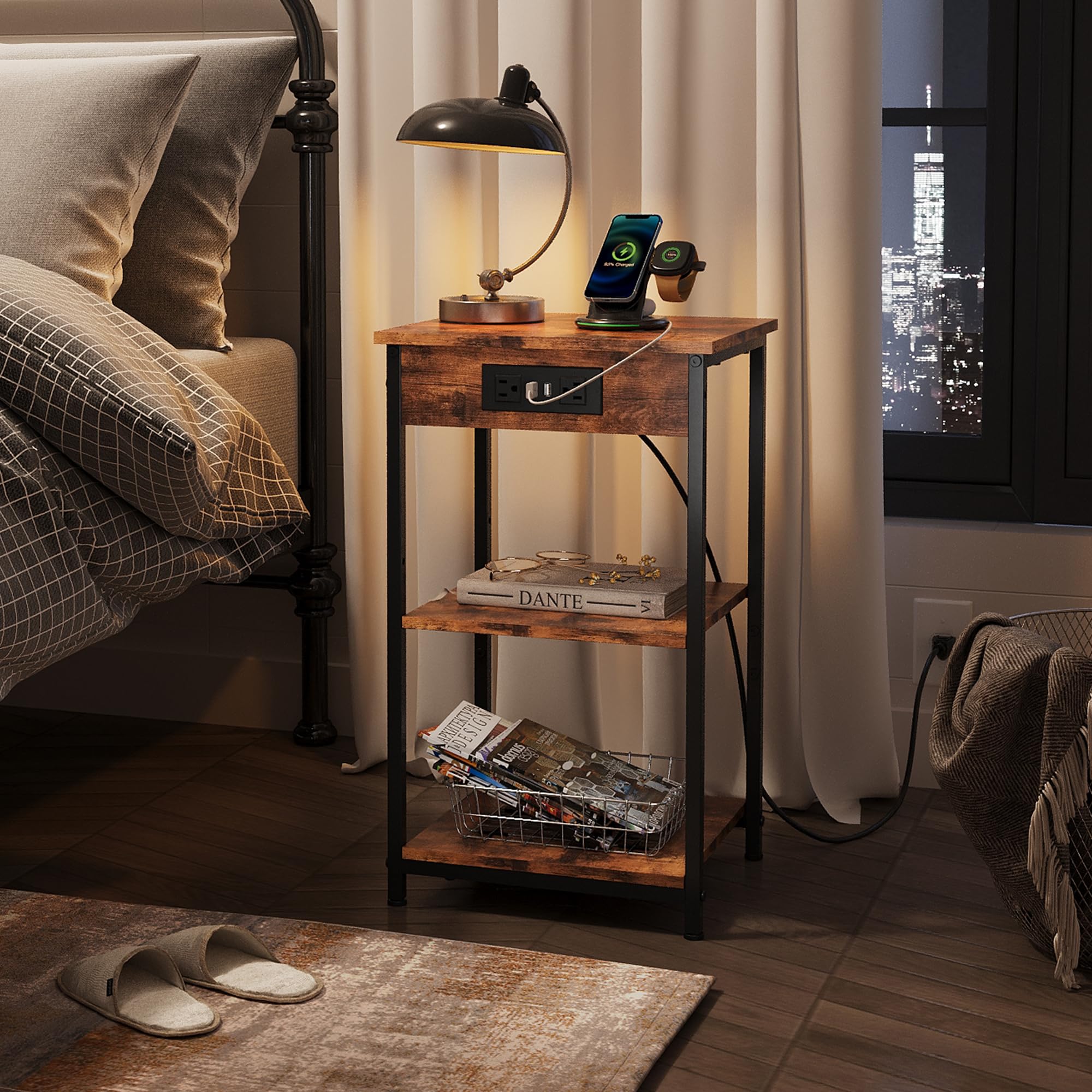 WLIVE End Table with Charging Station, Small Night Stand with 3 Storage Shelves, Side Tables for Small Spaces, Bedside Tables for Living Room, Bedroom, Rustic Brown